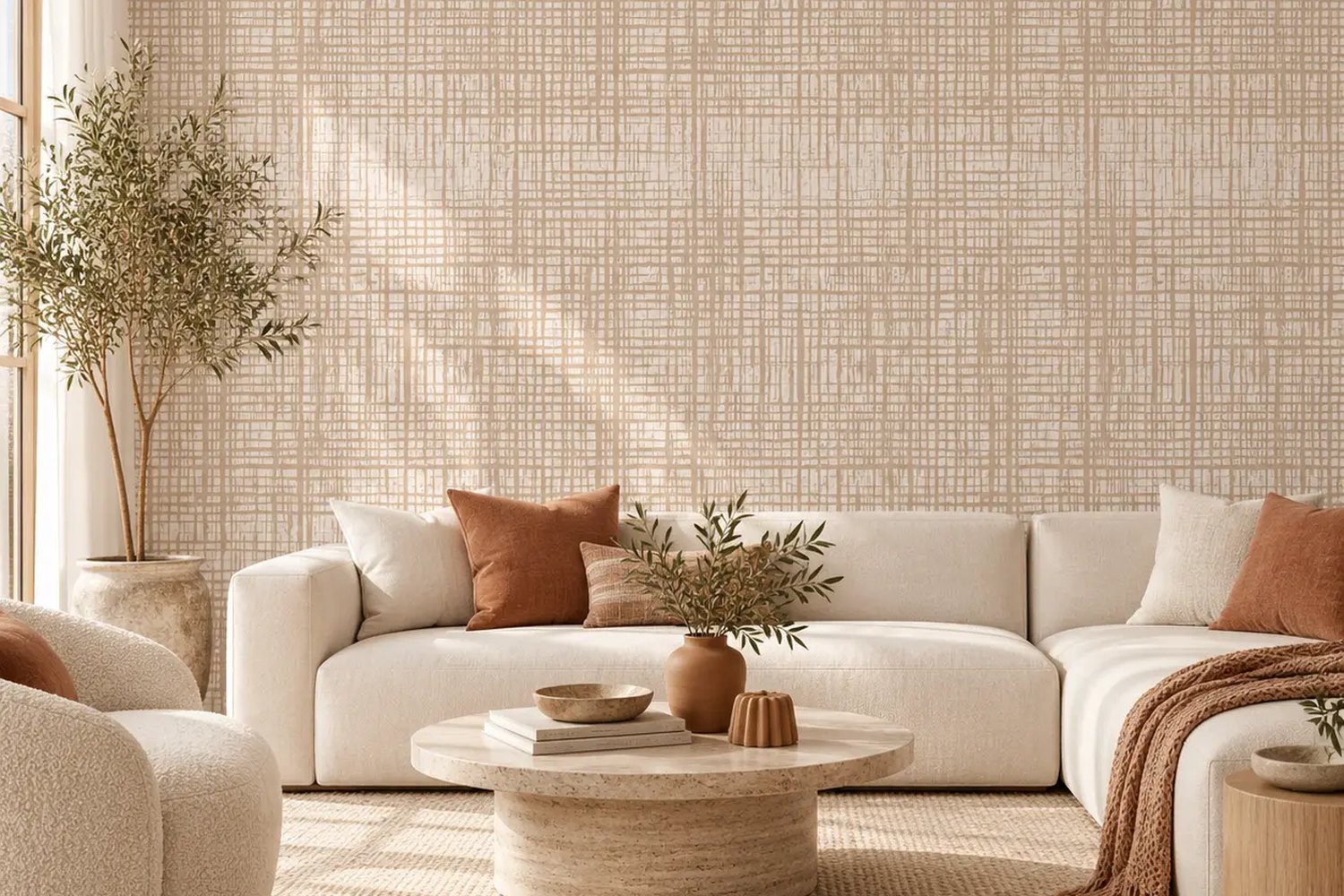 Crosshatch Linen in Light Tan in a sunlit living room with a cream sofa
