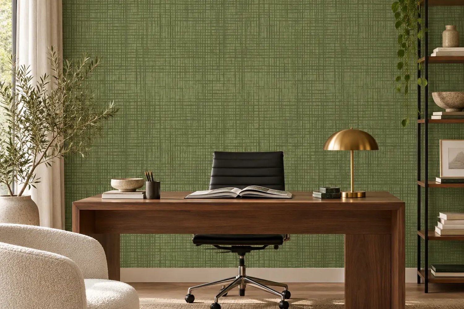 Crosshatch Linen in Olive Grove in a home office behind a walnut desk