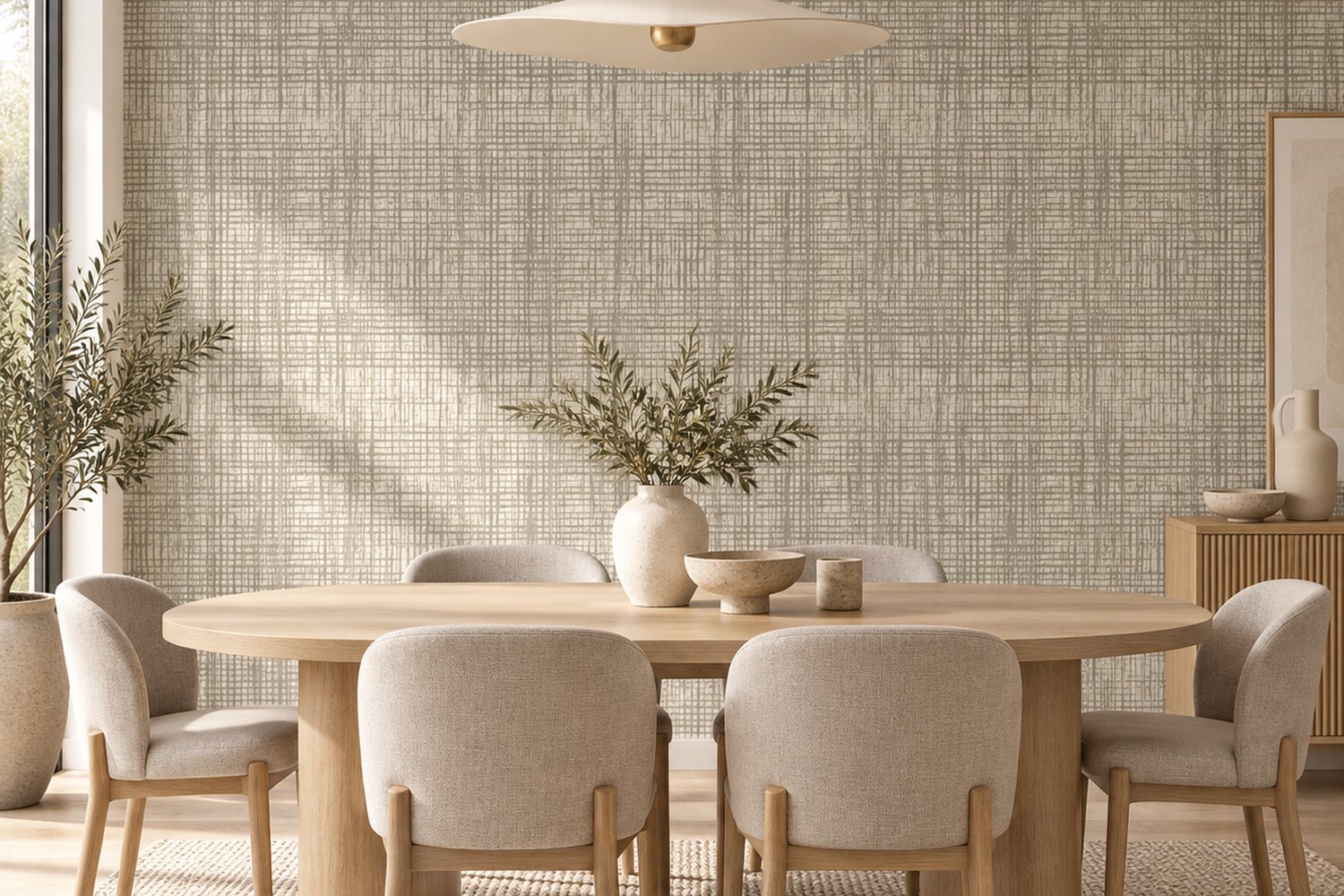 Crosshatch Linen in Cool Greige in a dining room with an oval timber table