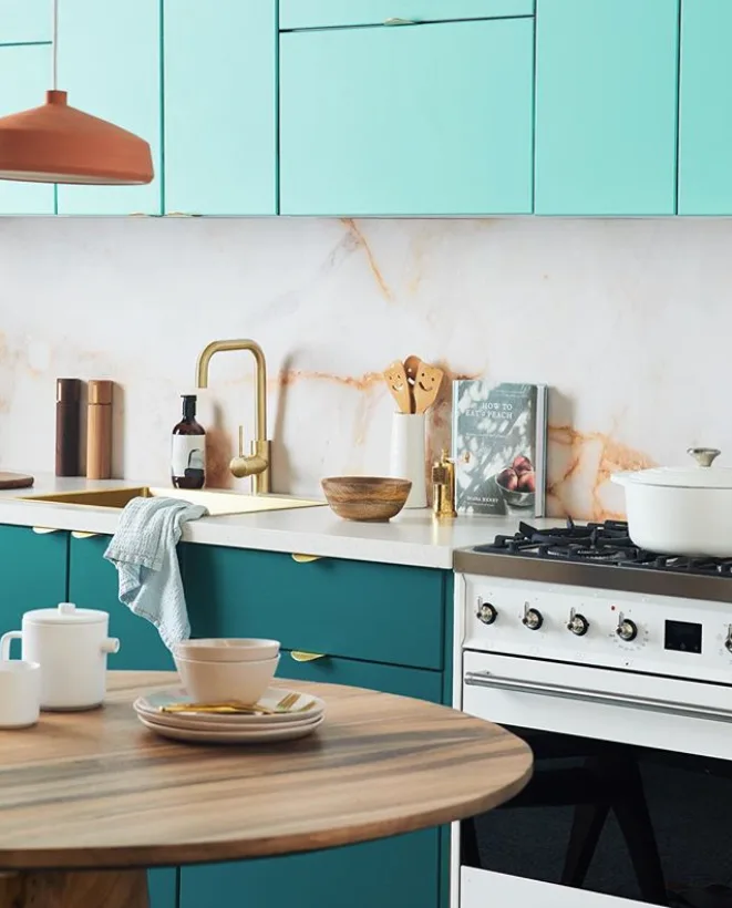 Room featuring Bold Teal Kitchen peel and stick wallpaper