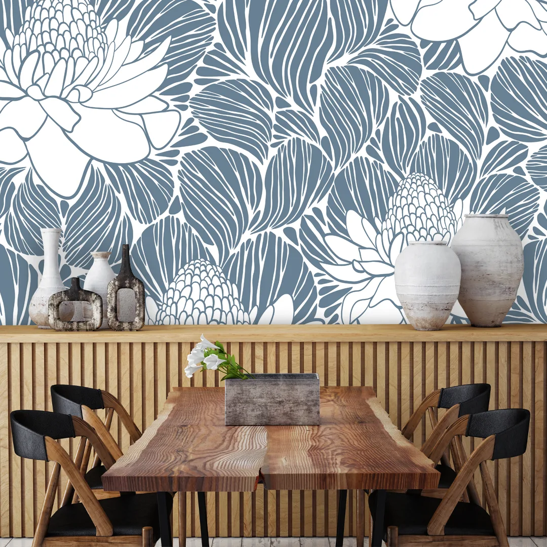 Room featuring Blue Peony Dining peel and stick wallpaper