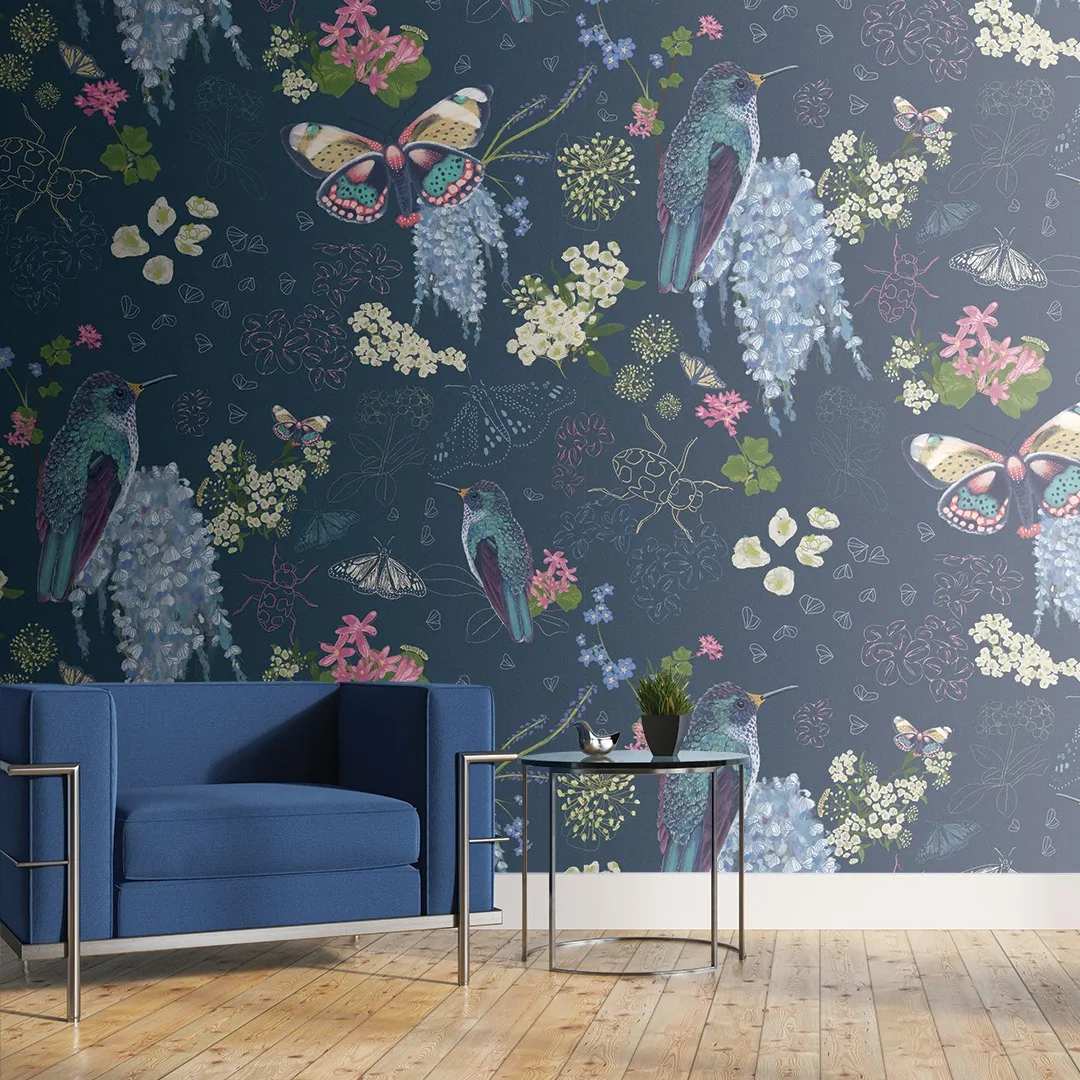 Room featuring Birds & Butterflies Living Room peel and stick wallpaper