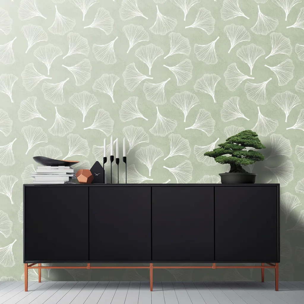 Room featuring Sage Ginkgo Living Room peel and stick wallpaper