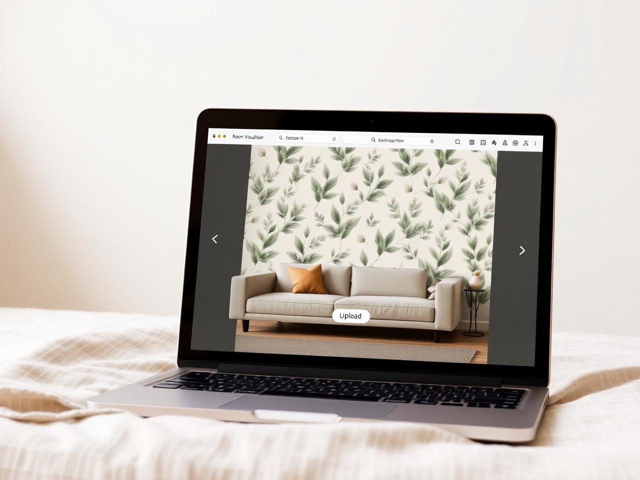 Room Visualiser preview showing botanical wallpaper applied to a living room feature wall