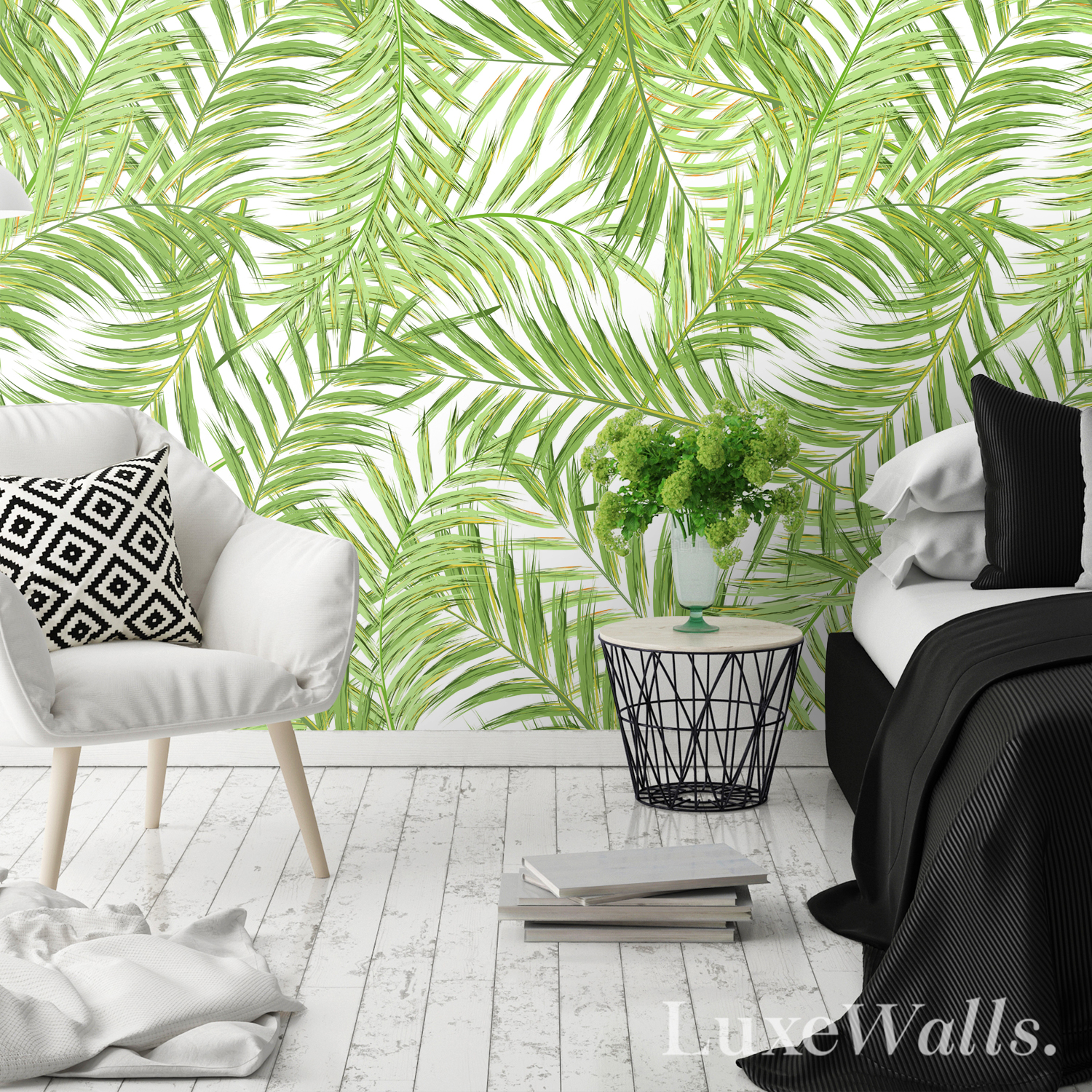 Exotic tropical leaves wallpaper, interior styling