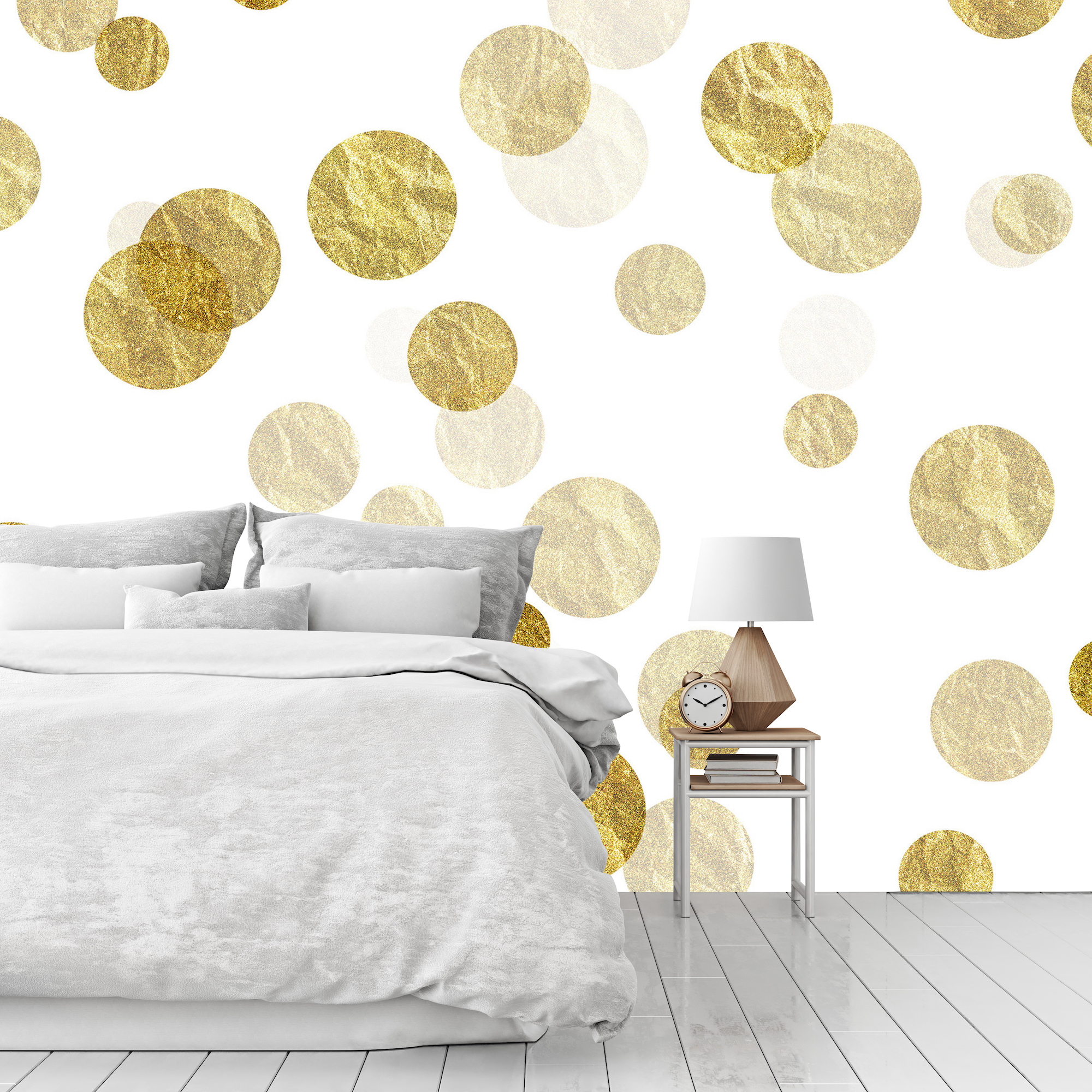 Bedroom wallpaper with gold dots on a white background